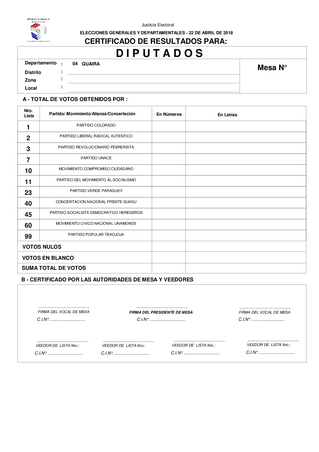 Certificado de Resultados Para Diputados de GUAIRA